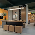Modern Teahouse Interior With Minimalist Design Wooden Counter Hanging Lights And Potted Plant
