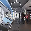 Modern Fitness Gym Interior With Pink Punching Bags Barbells Mirrors And Large Windows