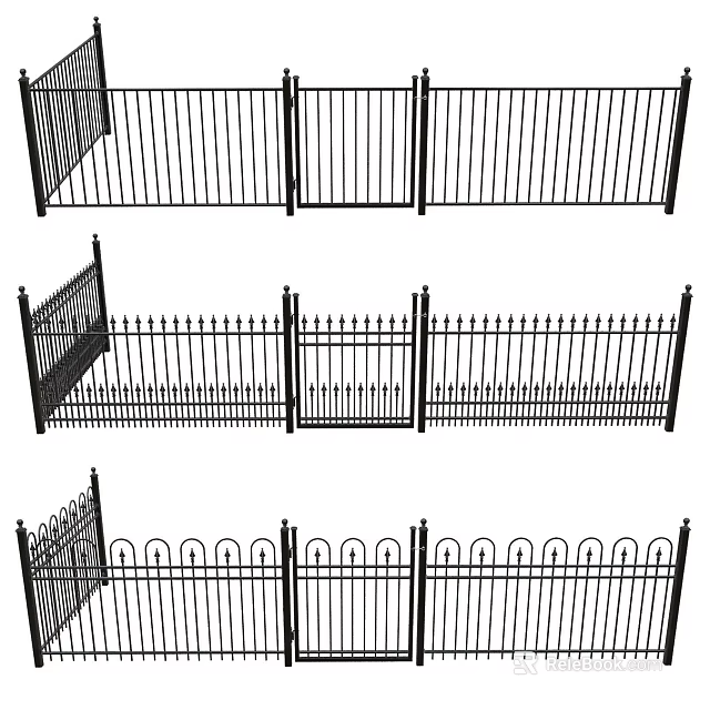 Decorative Metal Fence With Different Top Designs And Rail Patterns For Outdoor Areas 3d model 