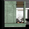 Modern Entryway Interior Design With Green Marble Walls Artistic Sculpture And Pendant Lamp