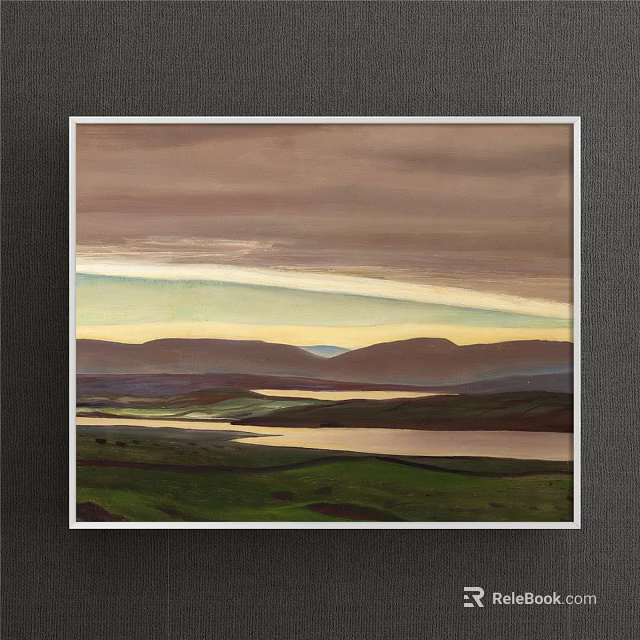 Beautiful Landscape Painting With Green Grassland Rolling Mountains And Calm River 3d model 