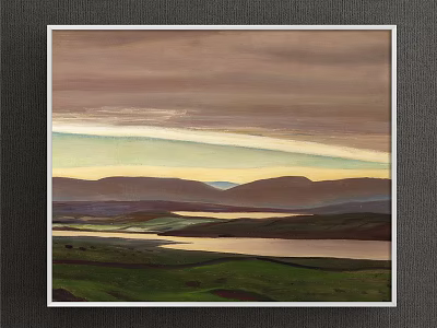 Beautiful Landscape Painting With Green Grassland Rolling Mountains And Calm River 3d model