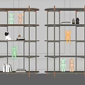 Modern Bookcase Design With Metal Frame Multi Layer Shelves Ornaments Books And Gray Wall