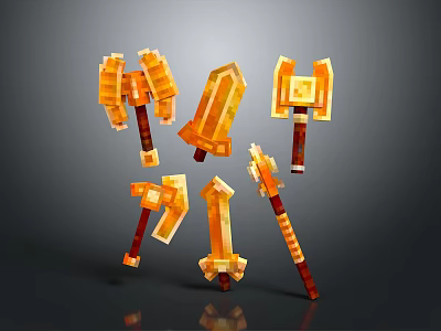 3D Rendered Pixel Style Weapons Collection With Orange Axes Swords And Hammers 3d model