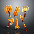 3D Rendered Pixel Style Weapons Collection With Orange Axes Swords And Hammers