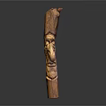 Handcrafted Wooden Carving With Human Face Design Red Ornament On Top And Smooth Surface