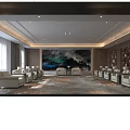 Elegant Hotel Public Lounge With Comfortable Sofas Large Mural Area Rug And Coffee Tables