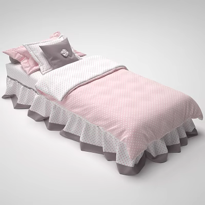 Cute Pink Girls Kids Bed With Polka Dot Bedding Ruffled Skirt And Pillow 3d model