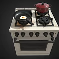 Modern Gas Stove Kitchen Appliance with Black Pan Red Pot and Control Knobs 3d model