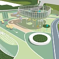 Tree Surrounded Circular Children's Playground With Green Surface And Outdoor Play Facilities