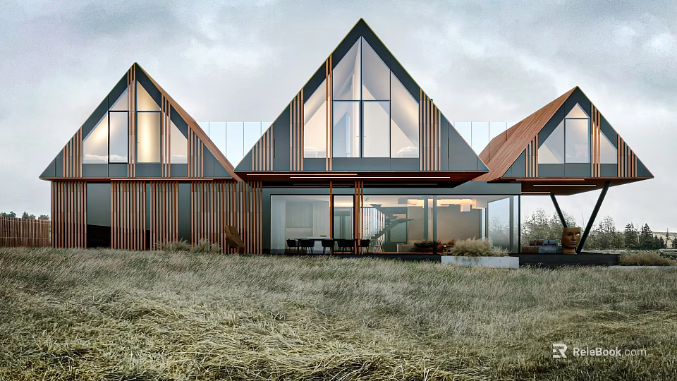 Modern Single Family House With Triangular Roof Large Glass Windows And Grassland Surroundings 3d model 