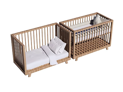 Two Wooden Baby Cribs with Railings White Mattress and Pillow Simple Design 3d model