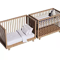 Two Wooden Baby Cribs with Railings White Mattress and Pillow Simple Design