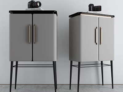 Modern Light Gray Entryway Console Cabinet with Double Doors and Black Metal Legs 3d model