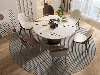 Modern Round Dining Table Set With Marble Top Chairs And Decorative Rug 3d model
