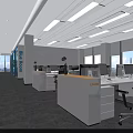 Public Office Space With Linear Ceiling Lights White Lexis Workstations Black Chairs And Large Windows