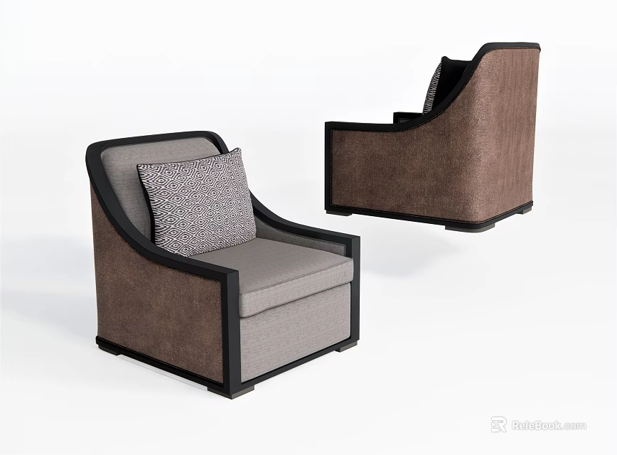 Modern Single Sofa with Black Frame Brown Backrest Gray Cushion and Accent Pillow 3d model