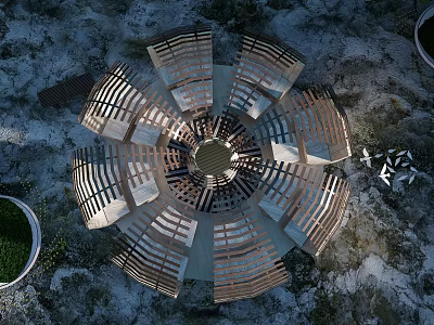 Circular Wooden Pergola With Open Lattice Structure In Outdoor Garden Top View Design 3d model