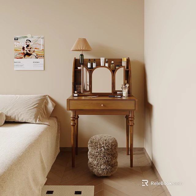 Cozy Wooden Dressing Table In Bedroom With Mirror Table Lamp Cosmetics And Soft Rug 3d model 