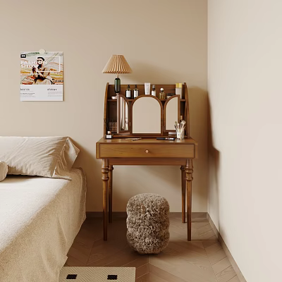 Cozy Wooden Dressing Table In Bedroom With Mirror Table Lamp Cosmetics And Soft Rug 3d model