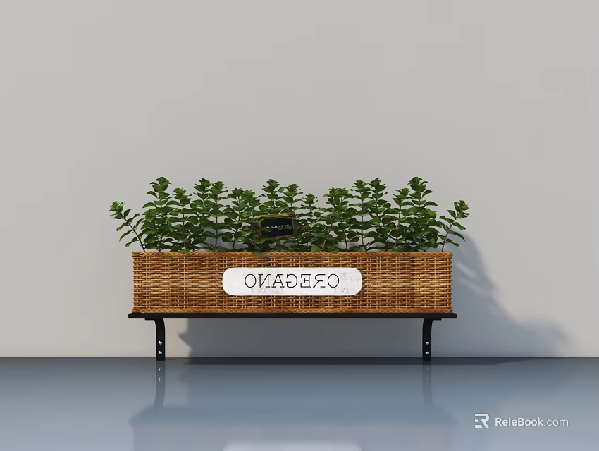 Rectangular Wicker Garden Planter With Lush Green Plants And OMAGGRO Label On Black Stand 3d model 