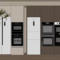 Modern Kitchen Interior Design With White And Wooden Cabinets Refrigerator And Ovens
