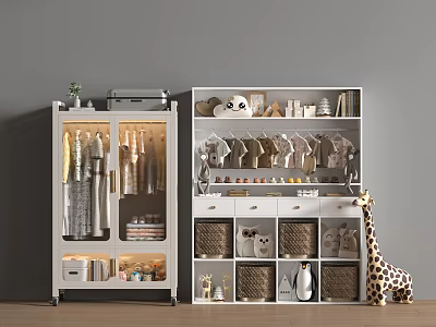 Modern Wardrobe with Glass Doors Hanging Clothes Kids' Clothes Drawers Baskets Giraffe Penguin Stuffed Toys 3d model