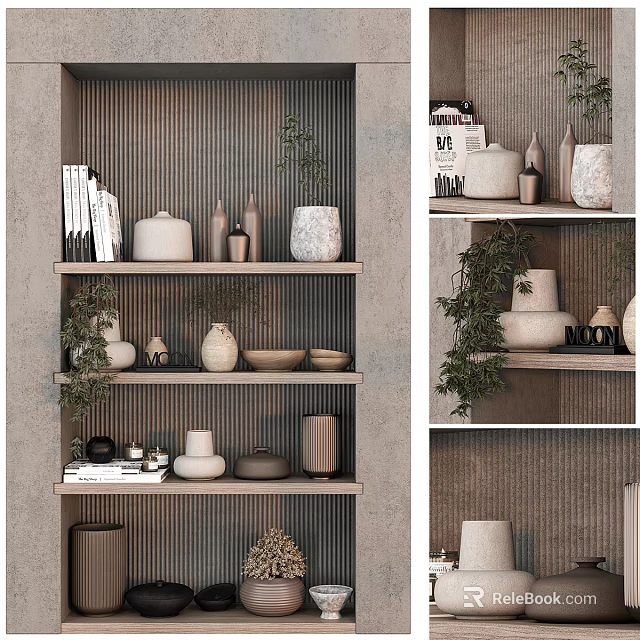 Minimalist Decorative Cabinet Design With Shelves Vases Plants And Books 3d model 