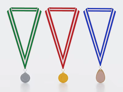Gold Silver Bronze Award Medals Set With Green Red Blue Ribbons Collection 3d model