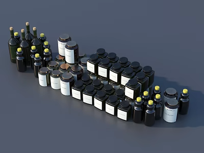 Black and White Ceramic Vessels with Yellow Black Caps Various Sizes Shapes Arranged Pattern 3d model