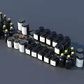 Black and White Ceramic Vessels with Yellow Black Caps Various Sizes Shapes Arranged Pattern
