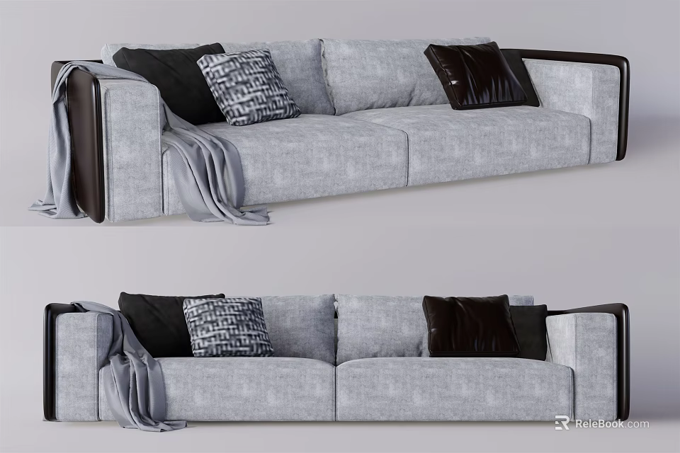 Gray Fabric Two Seater Sofa with Dark Armrests Black Patterned Cushions and Gray Throw Blanket 3d model