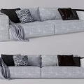 Gray Fabric Two Seater Sofa with Dark Armrests Black Patterned Cushions and Gray Throw Blanket 3d model