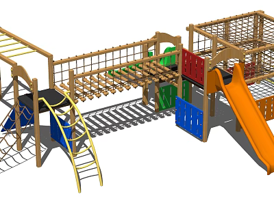 Wooden Playground Equipment With Climbing Net Slide Colorful Panels And Ladder 3d model