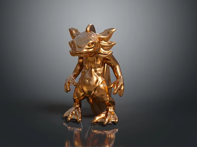Golden Mythical Creature Statue with Shiny Surface and Standing Pose on Dark Background 3d model
