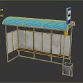 Modern Bus Stop With Blue Roof Metal Frame Wooden Bench Waste Bin And Signboard