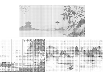 Chinese Landscape Scenic Wall With Ink Wash Painting Bamboo Pavilion Distant Mountains And Flying Birds 3d model