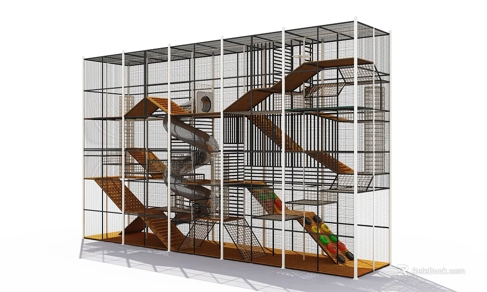 Kindergarten Indoor Play Area Featuring Wooden Climbing Frames Slides and Metal Mesh Enclosures 3d model 