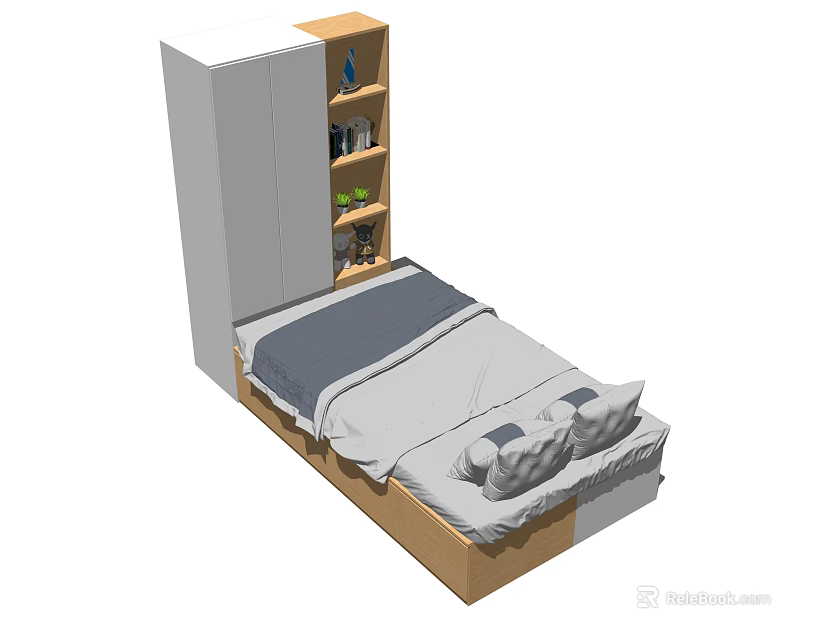 Simple Modern Bedroom Interior With Wooden Bed Wardrobe And Bookshelf 3d model 