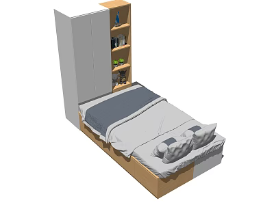 Simple Modern Bedroom Interior With Wooden Bed Wardrobe And Bookshelf 3d model
