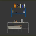 Blue Storage Shelf And Light Workbench Setup With Various Bottles Containers And Tools On Top 3d model