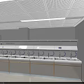 Public Water Dispenser Station With Multiple Faucets White Cabinets Walls Ceiling And Lighting