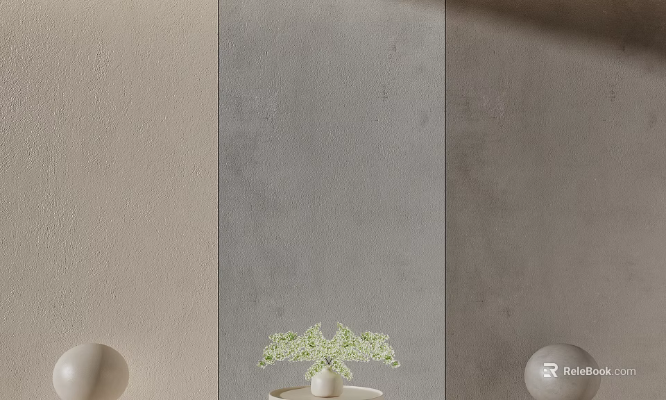 Sofa Background Wall Interior Design With Neutral Tones Potted Plant And Round Decorative Ornaments 3d model 