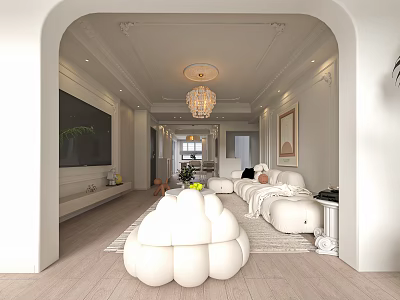 Modern Living and Dining Room Interior Featuring Arched Doorway Chandelier White Sofas and TV Wall 3d model