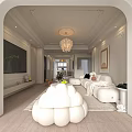 Modern Living and Dining Room Interior Featuring Arched Doorway Chandelier White Sofas and TV Wall