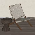 Modern Leisure Chair With Wooden Frame White Woven Straps And Side Stool