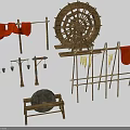 Traditional Rural Scene Components Including Wooden Waterwheel Clothes Drying Racks Stone Mill And Lanterns