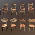 Rustic Wooden Single Chairs with Various Designs and Upholstered Seats 3d model