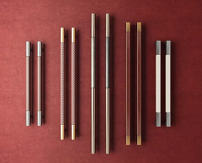 Different Designed Door Handles Showcased On Red Background With Various Styles 3d model