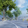 Outdoor Leisure Path with Trees Grass People Sitting on Benches Pedestrians and Strollers